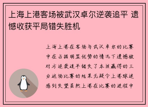 上海上港客场被武汉卓尔逆袭追平 遗憾收获平局错失胜机