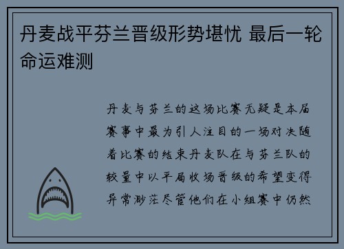 丹麦战平芬兰晋级形势堪忧 最后一轮命运难测 丹麦战平芬兰晋级形势堪忧 最后一轮命运难测